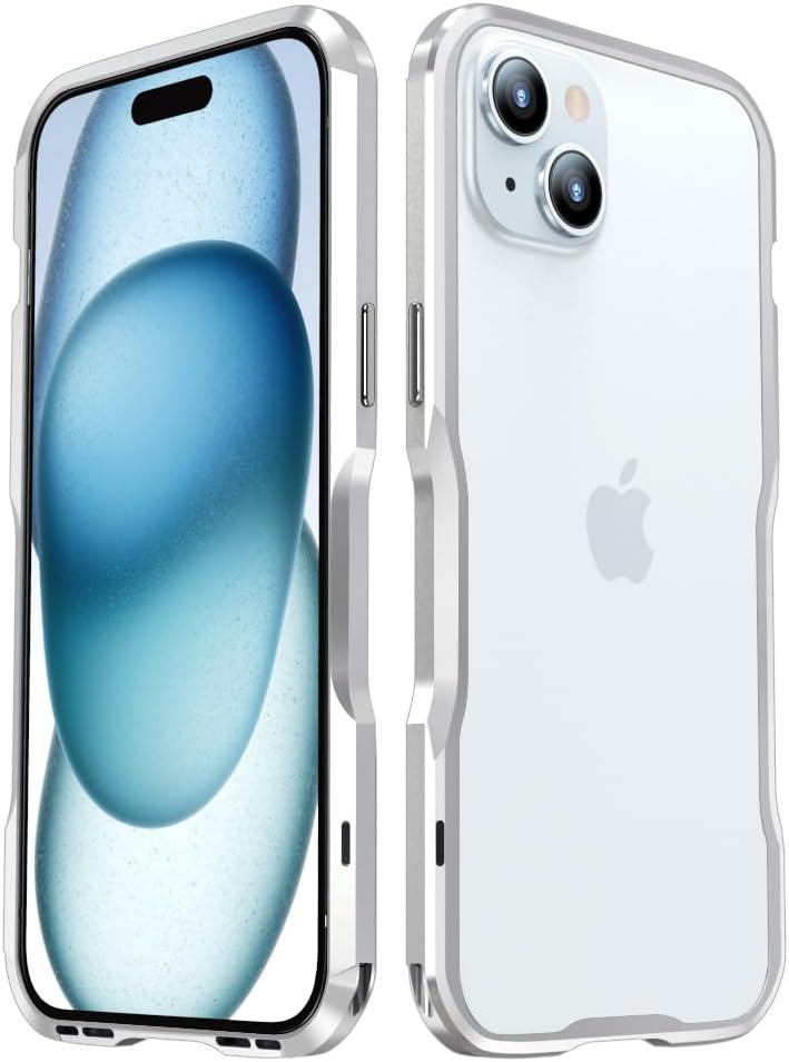 HENGHUI Aluminum Bumpers for iPhone 15 Plus Bumper Case with Strap Hole Metal Frame Bumper Cover Shock Absorbent Slim Cool Design (Silver) - Image 1